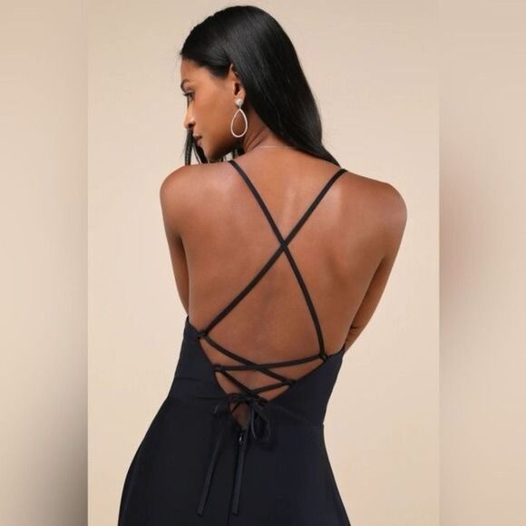 Lulus Stylish Grace Navy Blue Backless Lace-Up Ruffled Maxi Dress Size Small NEW - Picture 3 of 12